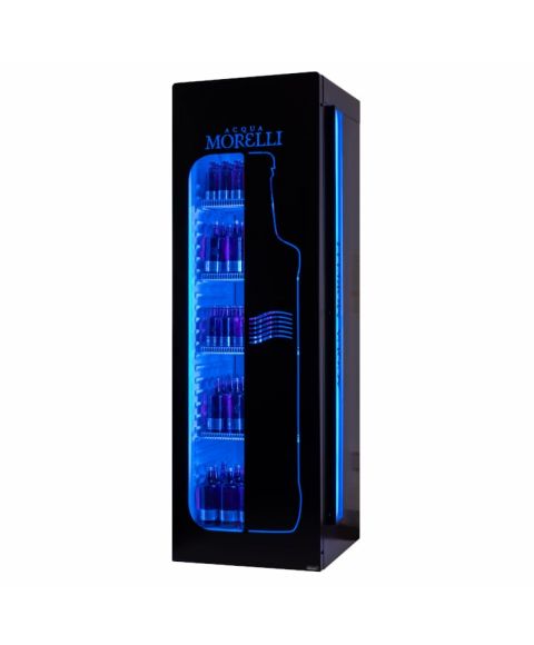 Blau beleuchteter ACQUA MORELLI LED Premium Getränke-Kühlschrank mit Glastür mit Mineralwasser befüllt