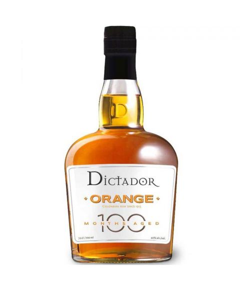 Dictador Colombian Orange Rum in einer 0,7l Glasflasche mit schwarzer Verschlusskappe.