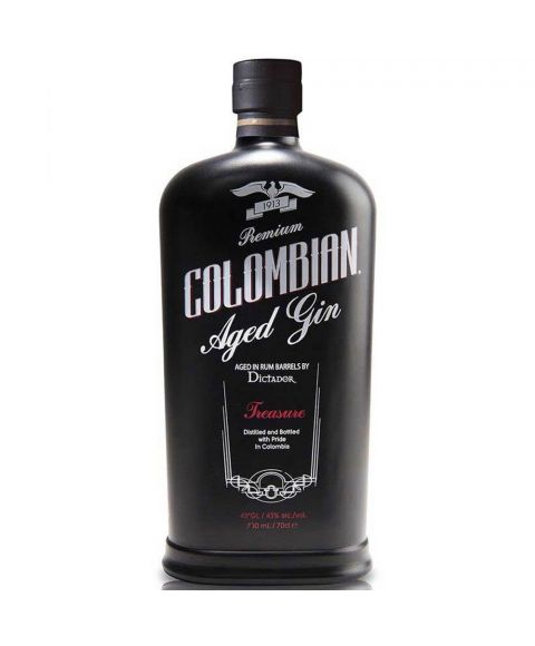 Dictador Colombian Treasure Aged Gin in einer schwarzen Flasche mit weißer und roter Schrift und 0,7l Inhalt.