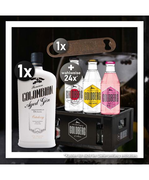 Gin Tonic Stay Home Bundle mit Dictador Colombian Aged Gin Ortodoxy 0,7L und 24 Flaschen 0,2l Goldberg Tonic Water nach Wahl