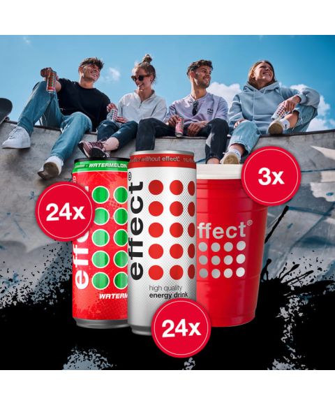 effect energy Summer Flash Sale Bundle mit 24 Dosen effect classic, 24 Dosen effect watermelon und 3 Red cups. Unschlagbar günstig, nur online bestelbar.