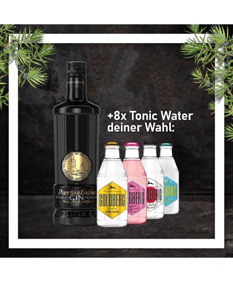 Puerto de Indias Pure Black Gin 0,7L mit 8x Goldberg Tonic Water 0,2L Glasflasche nach Wahl im Paket zum Vorteilspreis