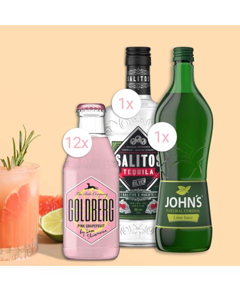 PalomaCocktail-Paket komplett Bundle mit SALITOS Tequila Silver, JOHN'S Lime Juice und GOLDBERG Pink Grapefruit. Auf dem Foto zu sehen ist der fertig gemixte Cocktail sowie alle Zutaten.