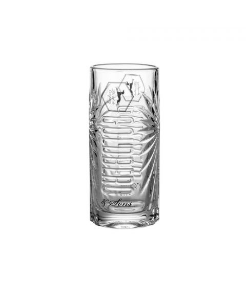 Goldberg Highball Longdrinkglas transparent mit 3D Schliff und eingeprägtem Logo.
