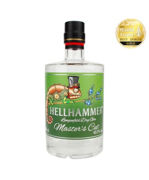 Hellhammer Langenfeld Dry Gin in schöner 500ml Flasche mit Chameleon auf dem Label Masters Cut limitiert. Prämiert mit Gold bei der World Spirits Trophy