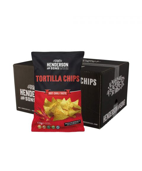 Henderosn & Sons scharfe Chili Tortilla Chips 125g  Packung. 10 Packungen insgesamt im Karton