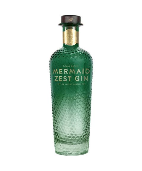 Mermaid Zest Gin destilliert auf der Isle of Wright. Formschöne Glasflasche mit Schuppenmaserung in dunkelgrün und goldenen Logoakzenten.