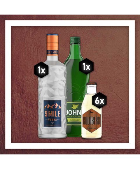 Moscow Mule Getränkepaket Set mit 1x 9 Mile Vodka, 6x Goldberg Gingerbeer und John´s Lime Juice