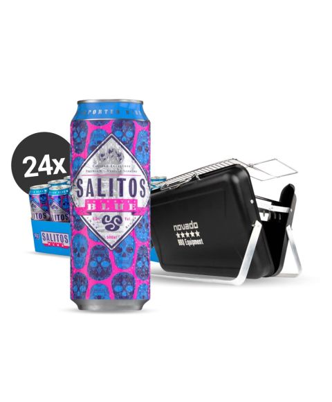 SALITOS Blue Grill & Chill Aktionspaket mit 24x 0,5l SALITOS Blue Dose und aufklappbaren Tischgrill