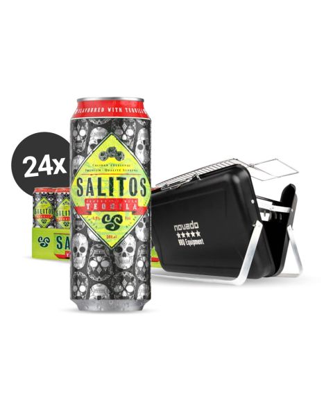 SALITOS Tequila Grill & Chill Aktionspaket mit 24x 0,5l SALITOS Tequila Dose und aufklappbaren Tischgrill