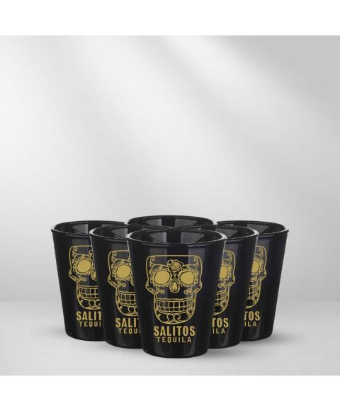 SALITOS Tequila 6 Shot Gläser in schwarz mit Totenkopf Skull Motiv und Spruch auf Rückseite 20ml Füllvolumen