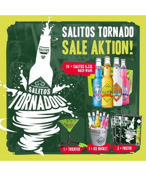 SALITOS TORNADO Produkt-Paket mit 24x 0,33 l deiner Wahl, einem Bier-Trichter, einem Bierkühler Eimer und 3 Postern zum Vorteilspreis