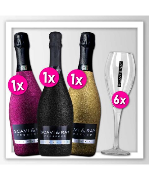 Scavi & Ray 3 Glitzerflaschen in den Farben schwarz, pink und Gold zusammen mit 6 Prosecco Gläsern im Bundle