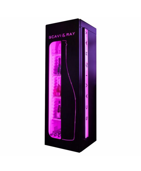SCAVI & RAY Premium Magenta Fridge Kühlschrank in schwarz mit magenta LED Beleuchtung, Sichtglas und Prosecco Flaschen Silhouette auf der Frontseite.