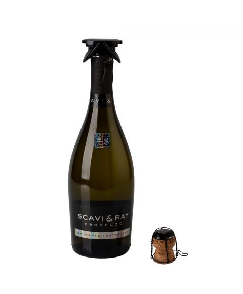 SCAVI & RAY Prosecco-Saver Flaschen-Verschluss zum Verhindern des Verlusts von Kohlesäure auf einer grünen Prosecco-Flasche montiert und der Korken liegt daneben.