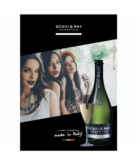 SCAVI & RAY Prosecco Poster DIN A4. Abbildung von 3 hübschen italienischen Frauen und SCAVI & RAY Prosecco mit original Glas.