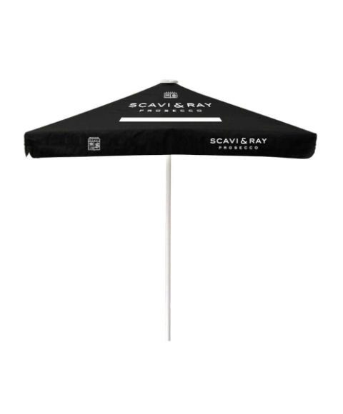 SCAVI&RAY Sonnenschirm schwarz mit Volant Logo und Schriftzug.