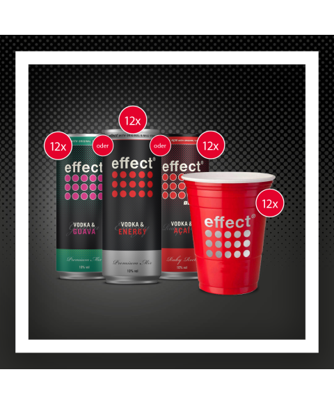 effect energy Premix Bundle für Studierende zum Sparpreis mit 12x effect Longdrink Dosen und 12 Hartplastik Red Cups