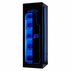Blau beleuchteter ACQUA MORELLI LED Premium Getränke-Kühlschrank mit Glastür mit Mineralwasser befüllt