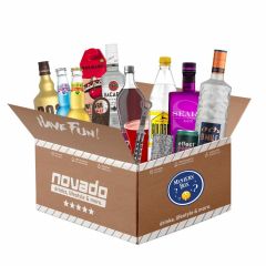 novado Überraschungs Box mit vielen Getränken und Werbemitteln für Männer. Zusammenstellung aus B-Ware zum Sonderpreis