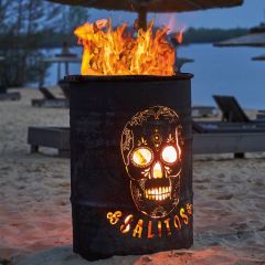 Salitos Feuertonne - Brenntonne in Rost-Opik Bild mit Flammen am Strand
