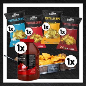 Henderson & Sons XXL Bundle mit 4 Sorten tortilla Chips, XXL Salsa Dip und Frittierkorb