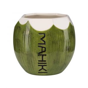 MAHIKI Kokosnussbecher Coconut Mug grün weiß mit Mahiki Logo in Kokosnuss Design.