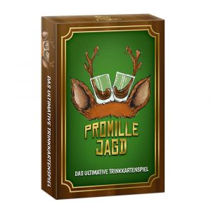 Promille-Jagd Trink-Karten-Spiel Sauf-Spiel Party-Spiel braune Verpackung mit goldenen und grünen Akzenten. 