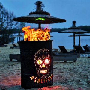 SALITOS Rusty Feuer Brenn Tonne Totenkopfdesign Seitenansicht